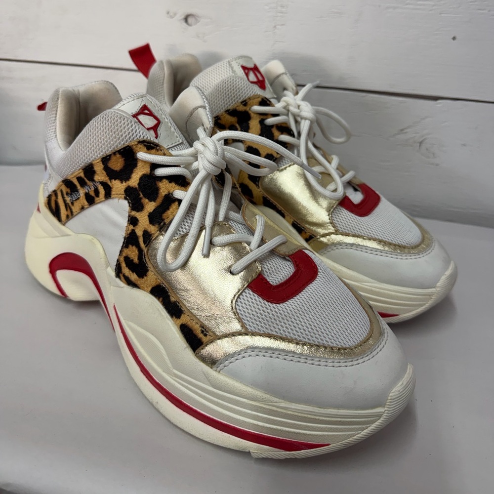 Naked Wolfe White Gold Leopard & Red Accent Platform Sneakers